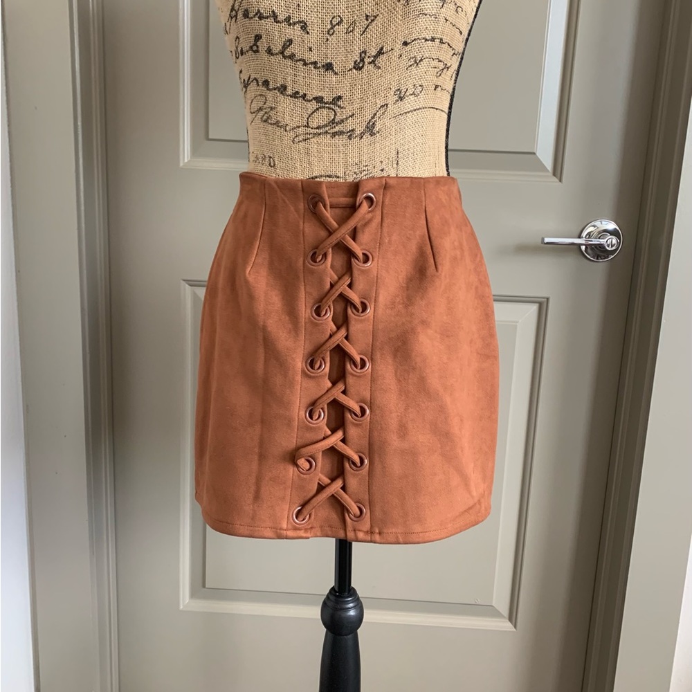 Faux suede lace up skirt